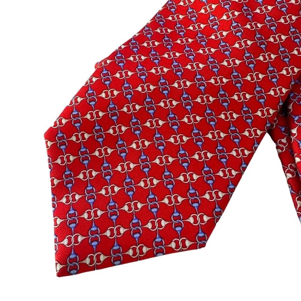 Brooks Brothers Men's Necktie Red White Blue Chain Link Equestrian 100% Silk Tie